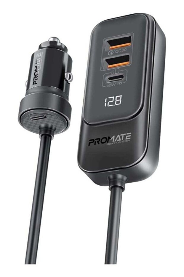 GearHub-120W Car Charger – 120W Dual USB-C PD & USB-A, 1.5m Backseat Hub (Black)