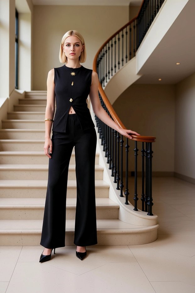 Women's Top and Bottom Sleeveless Button Detail Cut Top Wide Leg Pants Two-Piece Set Ottoman Knitted Fabric