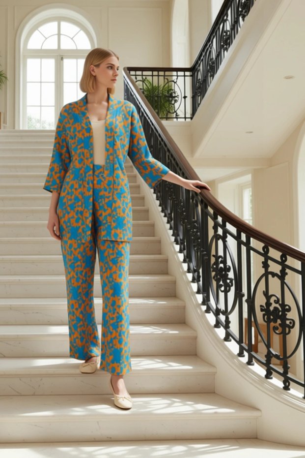 Women's Top and Bottom Shawl Pattern Knitted Kimono Wide Leg Pants Set Summer Casual Comfortable Design