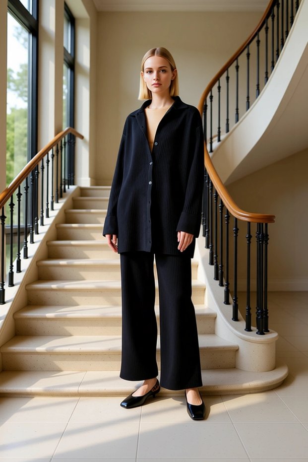 Women's Bottom Top Relaxed Fit Low Sleeve Polo Neck Knitwear Shirt High Waist Wide Leg Pants Set