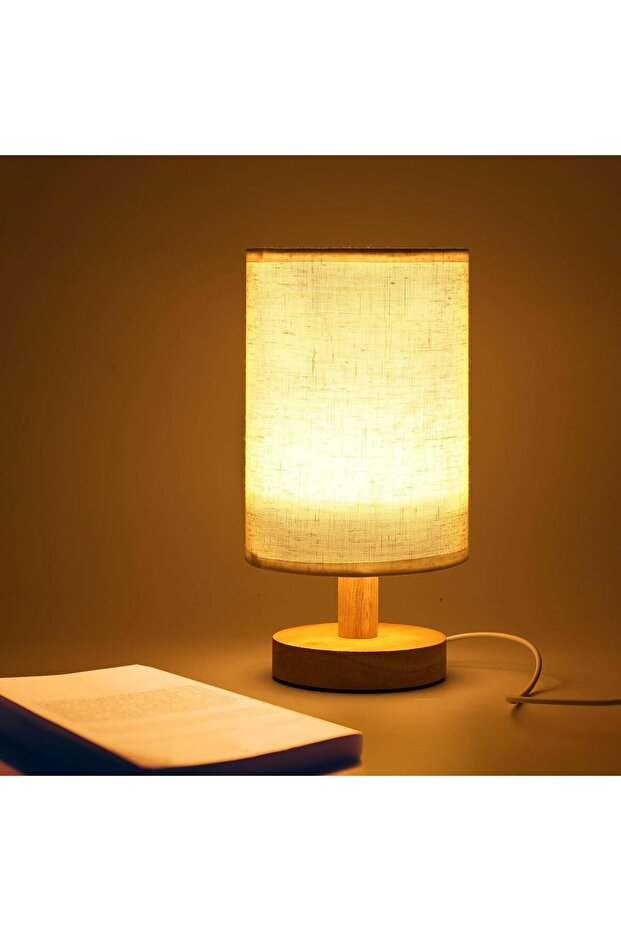 Bedside Table Lamp, Warm USB Charging, Linen Shade & Log Base (Button Switch; Fixed Lighting - 1