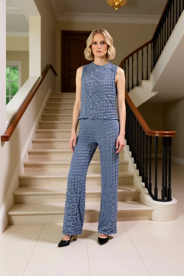 Women's Textured Stretchy Knitted Regular Fit Sleeveless Blouse and Flared Leg Pants Set Comfortable Design