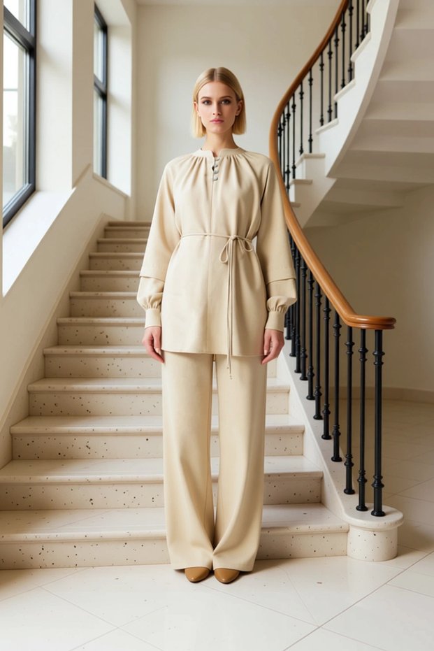 Modern Cut Buttoned Tunic with Tie Detail and Comfortable Fit Wide Leg Pants Set for Women