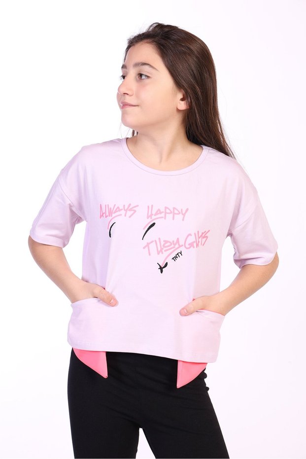 Girl's Printed Asymmetrical T-Shirt with Crew Neck and Short Sleeves