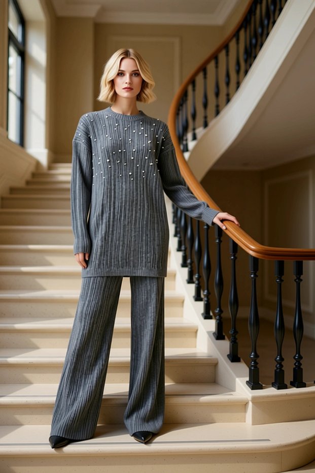 Pearl Regular Cut Ribana K Ribbed Knit Plain Knitwear Hijab Bottom-Top Set Women's Bottom-Top and Comfortable Wear