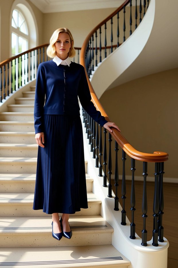 Women's Buttoned Crew Neck Cardigan and Long Pleated Knit Skirt Two-Piece Set Comfortable Casual