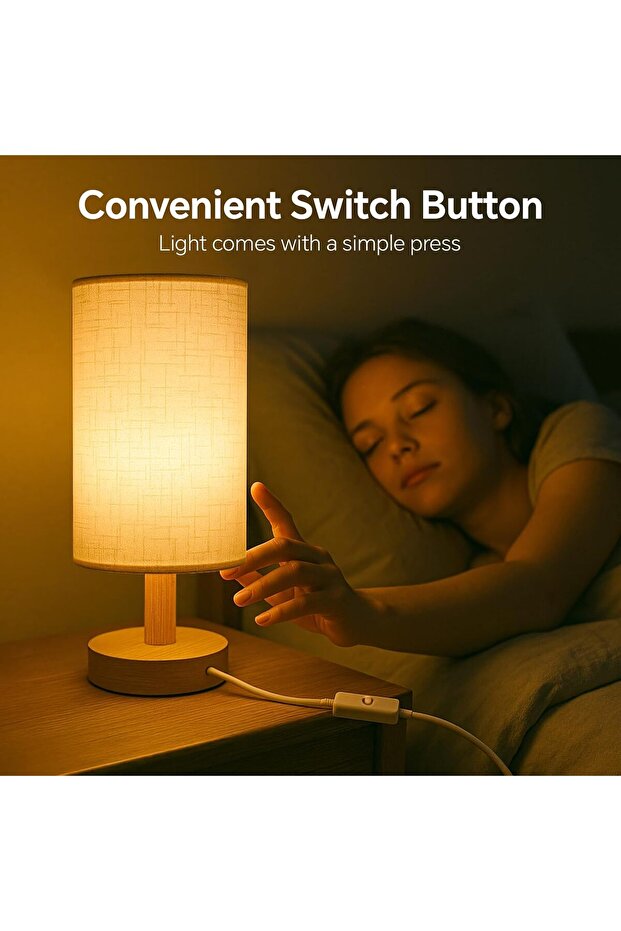 Bedside Table Lamp, Warm USB Charging, Linen Shade & Log Base (Button Switch; Fixed Lighting - 3