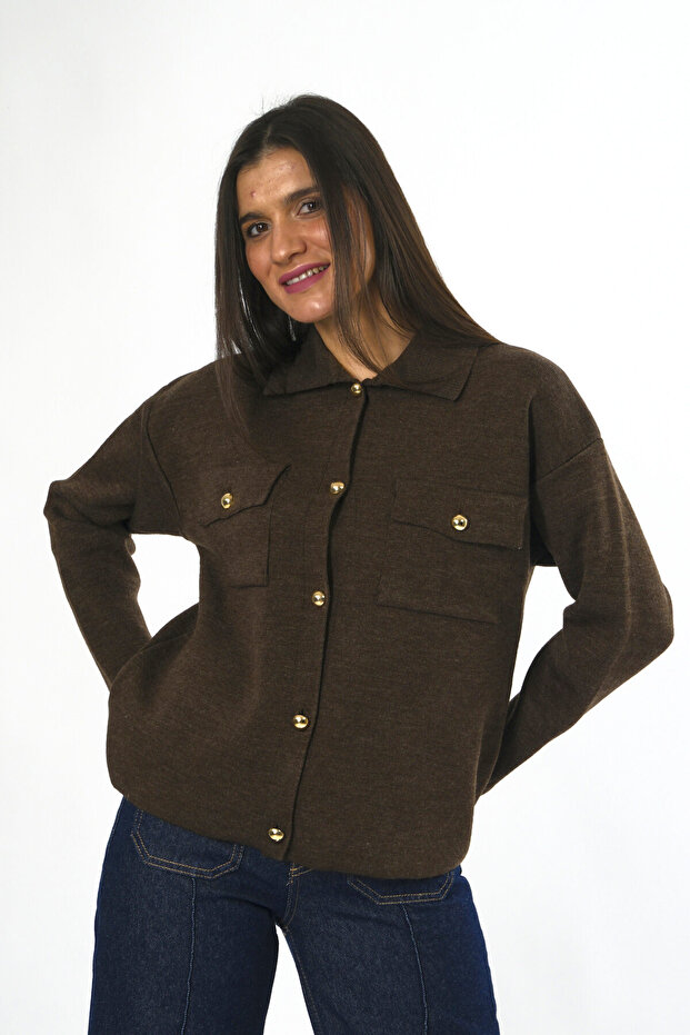 Kadın Cepli Düğmeli Triko Hırka - 4