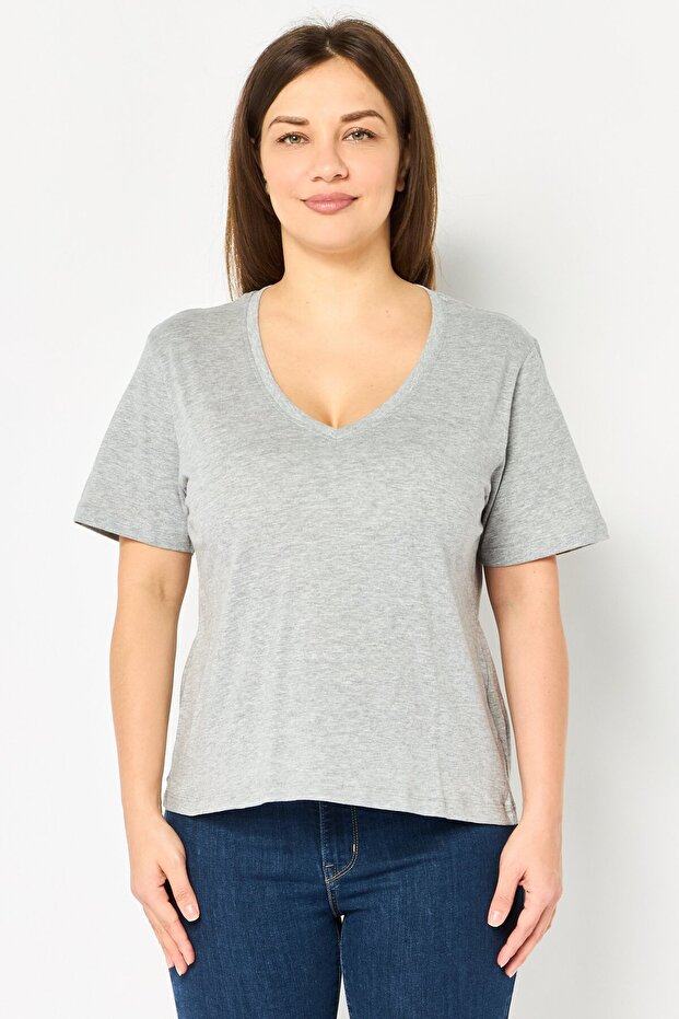 Women V-Neck Short Sleeve Heather T-Shirt, Grey