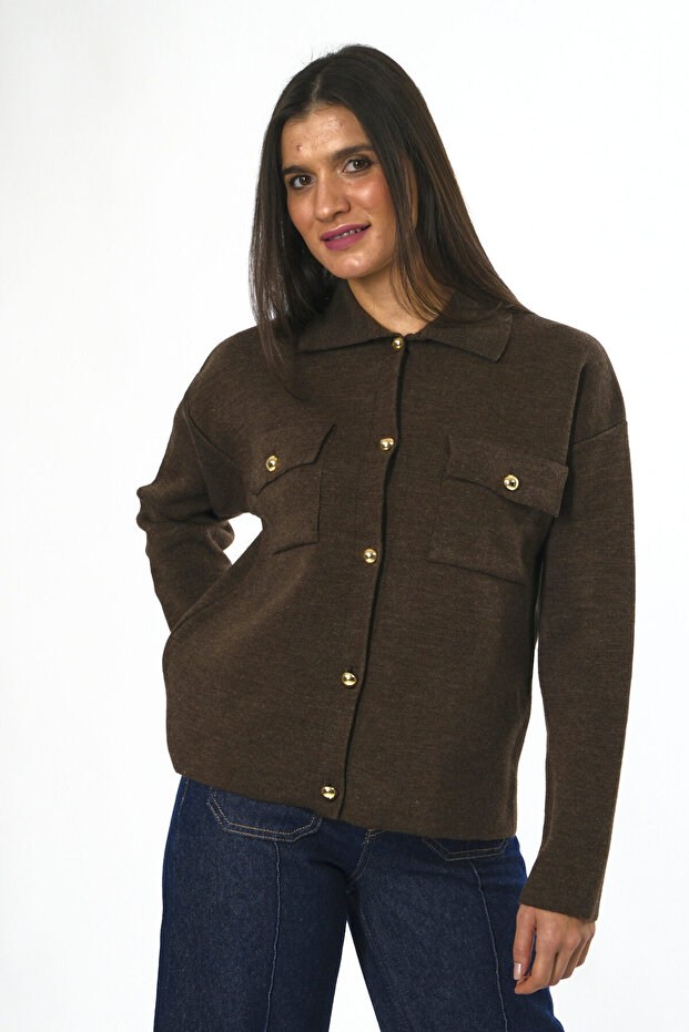 Kadın Cepli Düğmeli Triko Hırka - 3