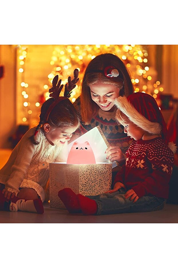 LED Cat Night Light — Battery Powered Silicone, Warm White & 7-Color Modes
