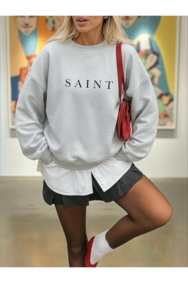 سويت شيرت بأكمام طويلة للجنسين من SAINT Transfer مطبوع مقاس كبير بياقة دراجة