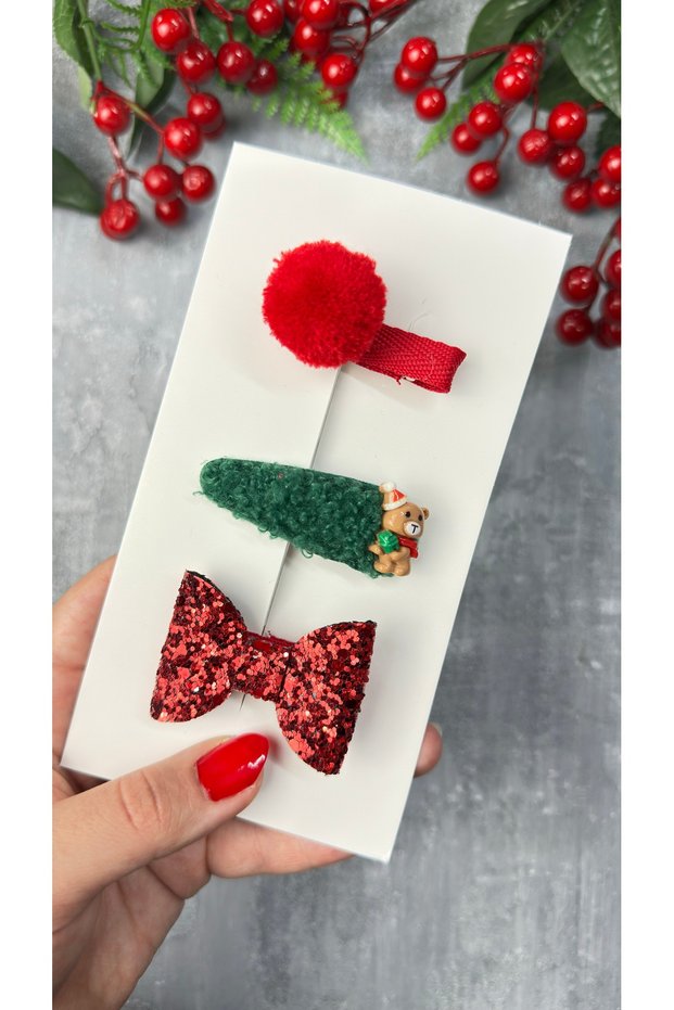 New Year Figured 3 Different Model Buckle Set (Glitter Sequin Bow Plush Snap and Pompom Buckle 5 cm)