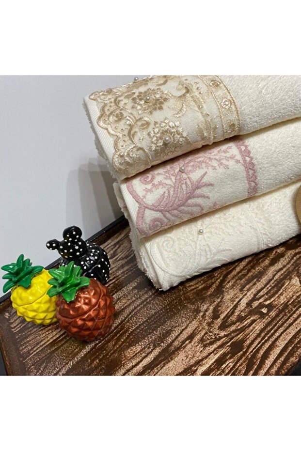 French Guipure Lace Dowry Set Cotton Towels 3 Pieces 8697353459054