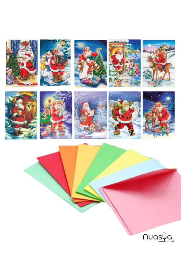 Santa Claus Themed New Year's Postcard 10 Pieces and Colorful Envelope 10 Pieces - New Year's Celebration Card and Envelope