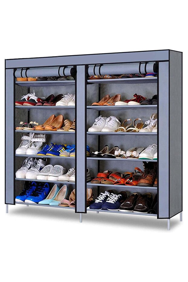 Double Sided Shoe Rack, 6 Layers Grey Fabric Shoe Cabinet with Dust Cover