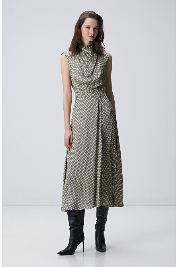 Sarı Desenli Midi Elbise - 4