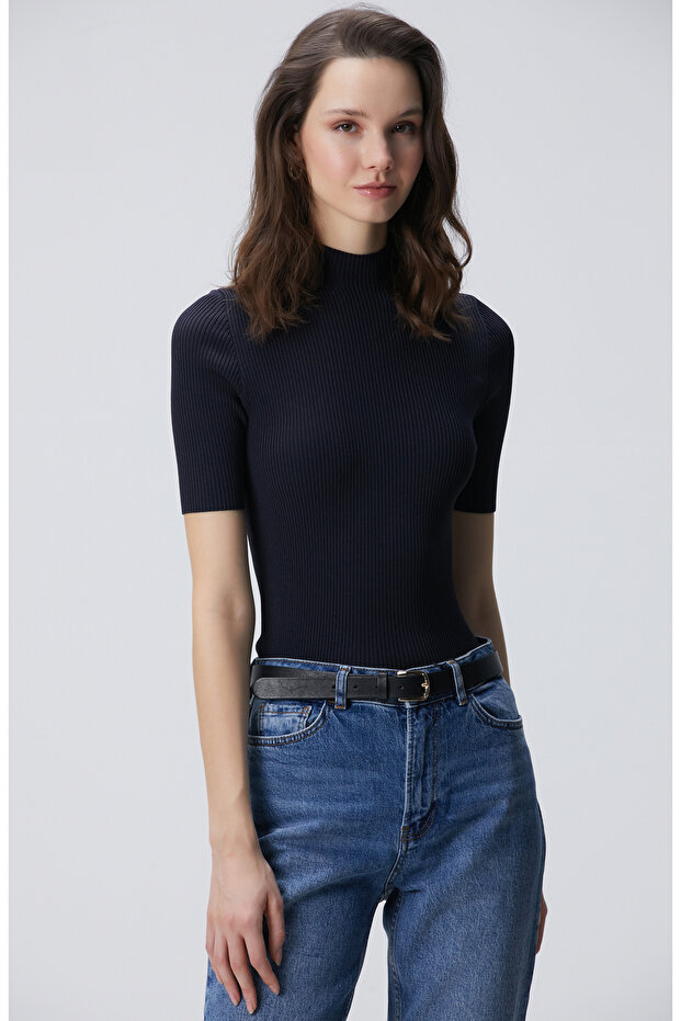 Lacivert Örgülü Dik Yaka Rayon Basic Kazak - 4