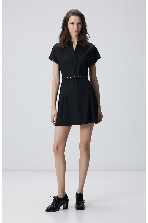 Siyah Kemerli Mini Elbise - 1