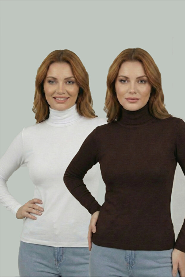 Women's 2-Piece Stretch Fabric Flexible Half Fisherman Long Sleeve Coffee - White Badi