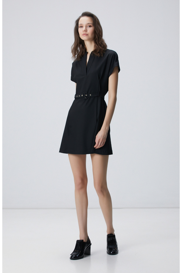 Siyah Kemerli Mini Elbise - 4