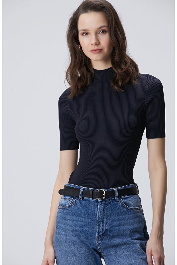 Lacivert Örgülü Dik Yaka Rayon Basic Kazak - 1