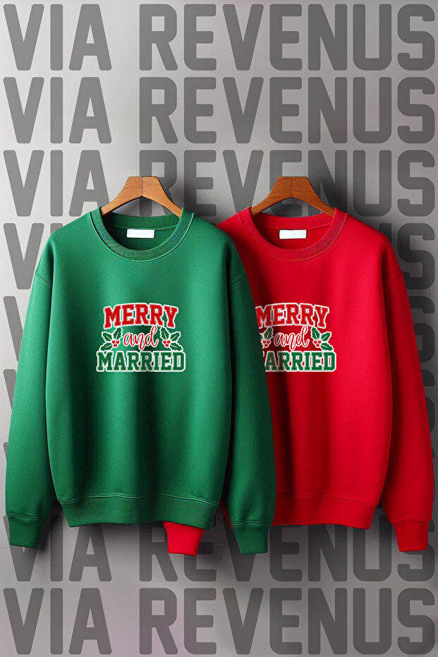 Merry and Married New Year Christmas Printed Crew Neck 3 Thread Ş Fleece-Lined Lover Combination Sweatshirt
