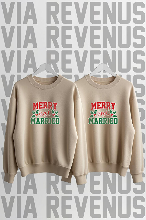 Merry and Married New Year Christmas Printed Crew Neck 3 Thread Ş Fleece-Lined Lover Combination Sweatshirt