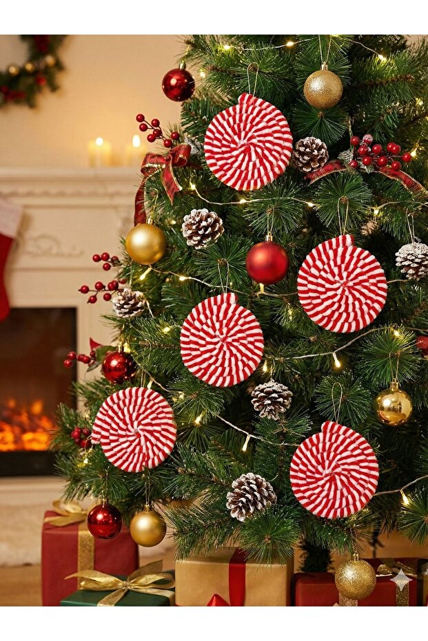 Christmas Tree Ornament - Candy-Red White - Set of 5