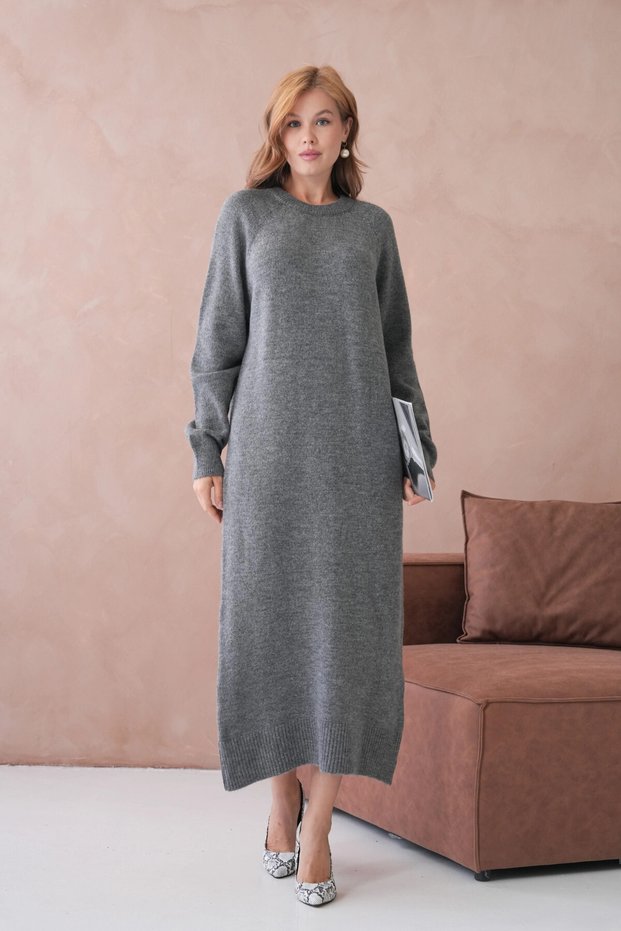 Women's Crew Neck Soft Textured Maxi Size Fleece-Lined Oversized Knitwear Dress 8324Sw