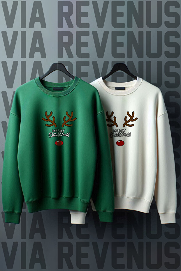 Merry Christmas Deer New Year Christmas Printed Crew Neck 3 Thread Ş Fleece-Lined Lover Combination Sweatshirt