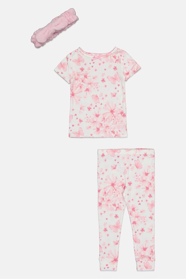 Toddlers Girl 3 Pieces Floral Print Pyjama Top And Bottom With Headband Set, Multicolor