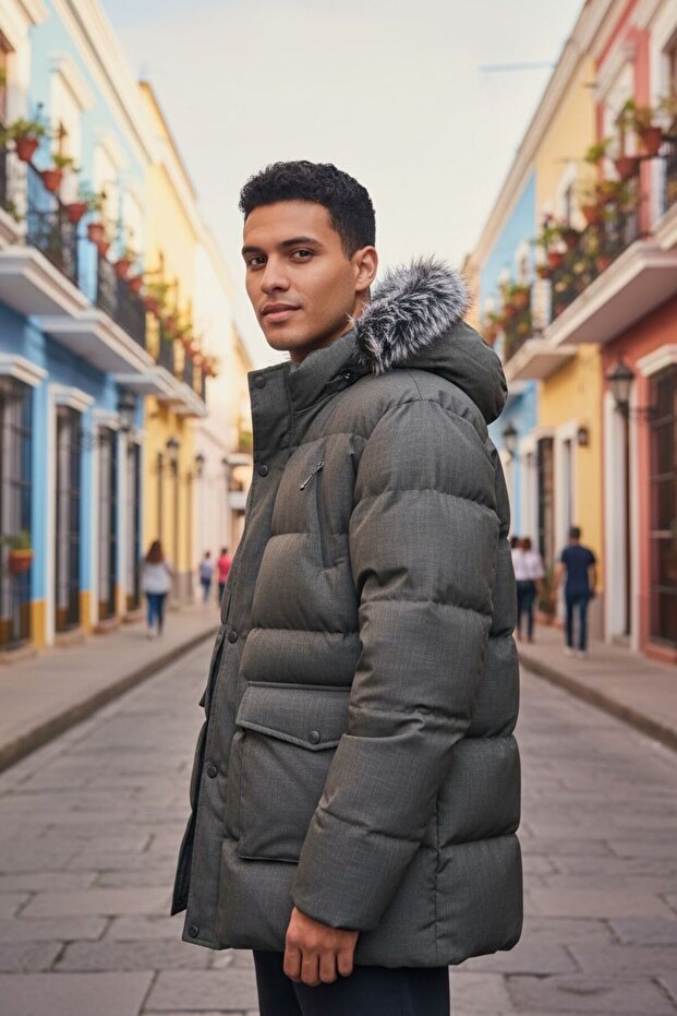 Men's Waterproof Fur Hooded Thermal Puffer Winter Coat – Cold-Proof Padded Model
