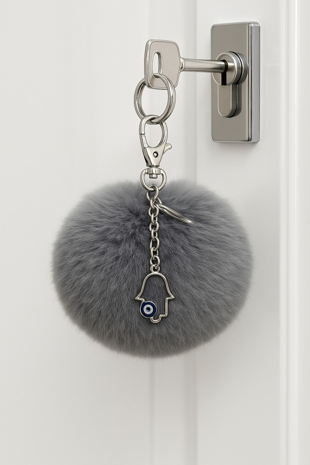 Plush Fluffy Pompom Puff Dark Gray Furry Home Office Car Phone Wallet Bag Keychain