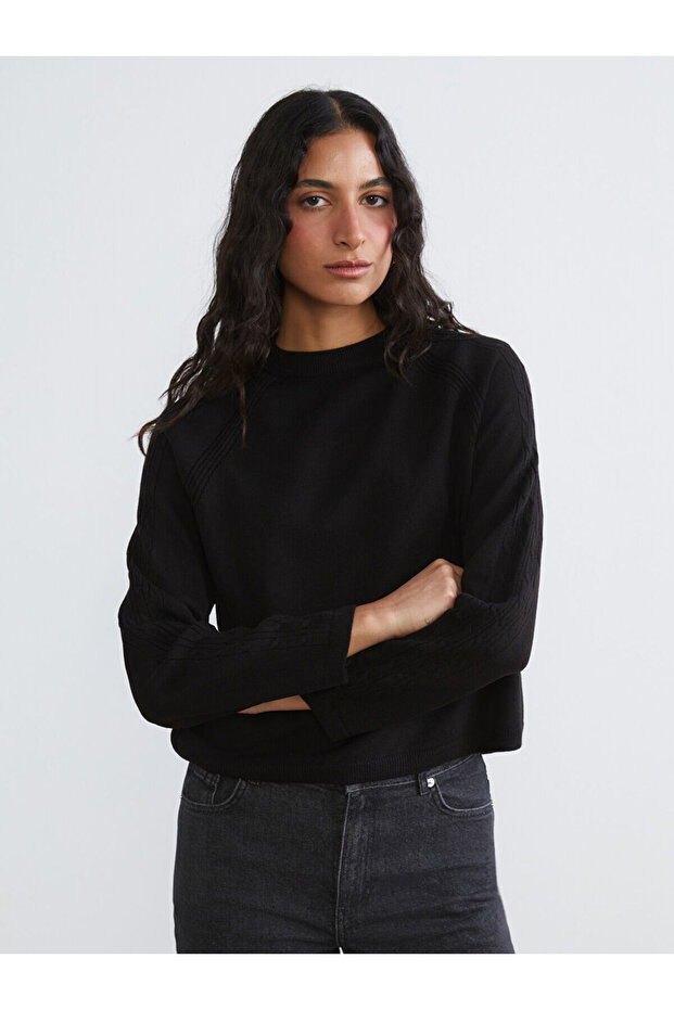 Crew Neck Self Patterned Women's Knitwear Sweater