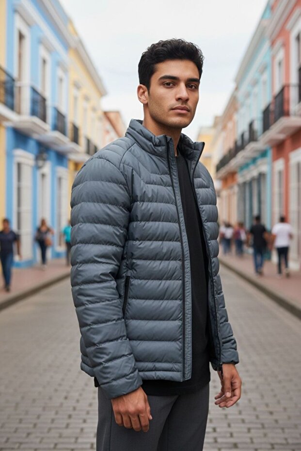 Men's Dark Anthracite Lightweight Puffer Jacket – Water Repellent, Heat Insulating, S Slim Fit Casual Model