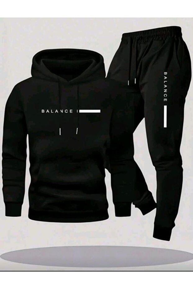 طقم سويت شيرت وبنطلون رياضي من Balance مطبوع قصة فضفاضة Winter 3 Thread Black K بغطاء رأس