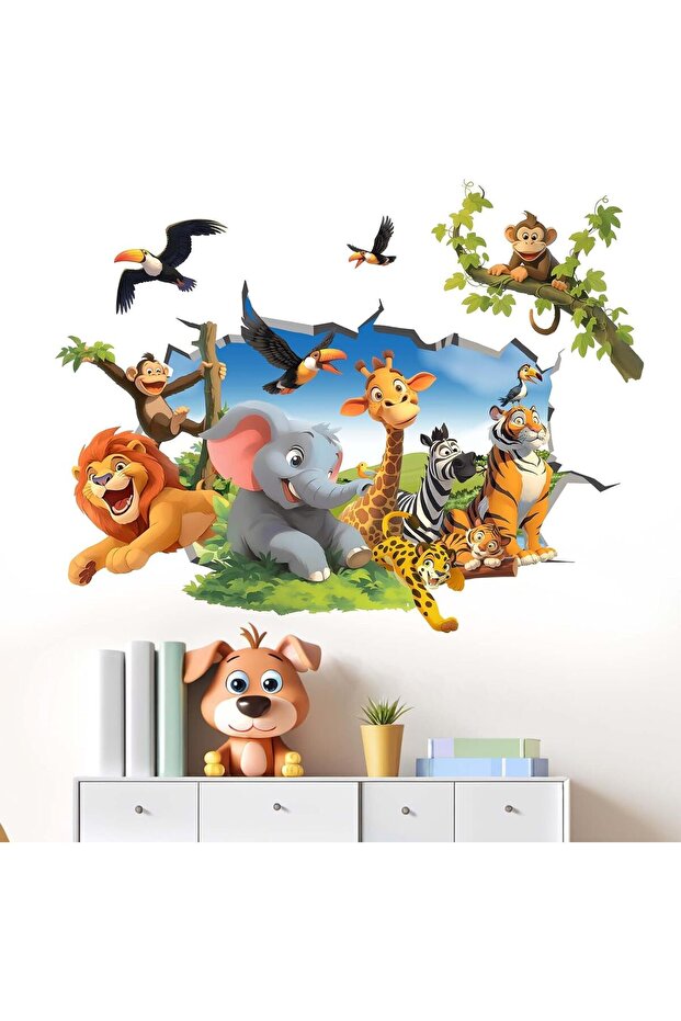 Jungle Animals Wall Decals for Kids - Peel and Stick Monkey Elephant Giraffe Tiger Lion