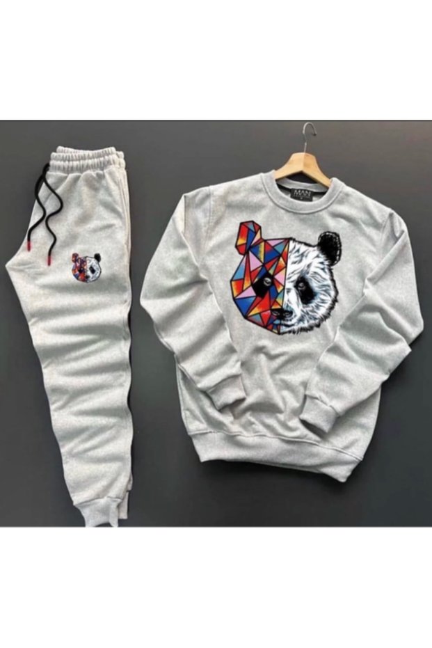 New Season Unisex Top and Bottom Tokyo Panda Printed Gray Crew Neck Sweatshirt - Cotton Sweatpants 2-Piece Set