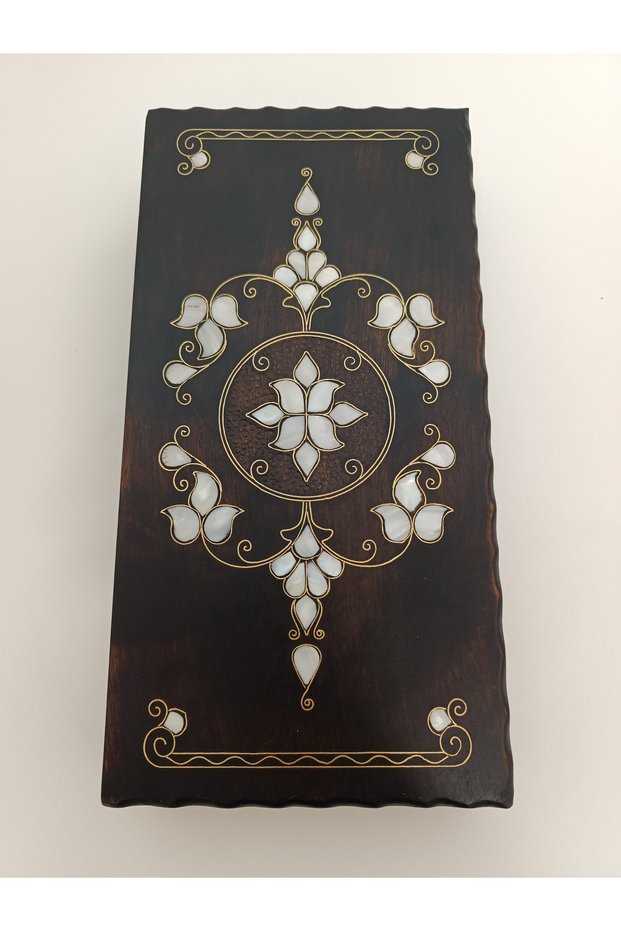 Mother of Pearl Inlaid Filigree Embroidered Handcrafted Medium Size Wooden Backgammon - Dark Color (20X40 cm)
