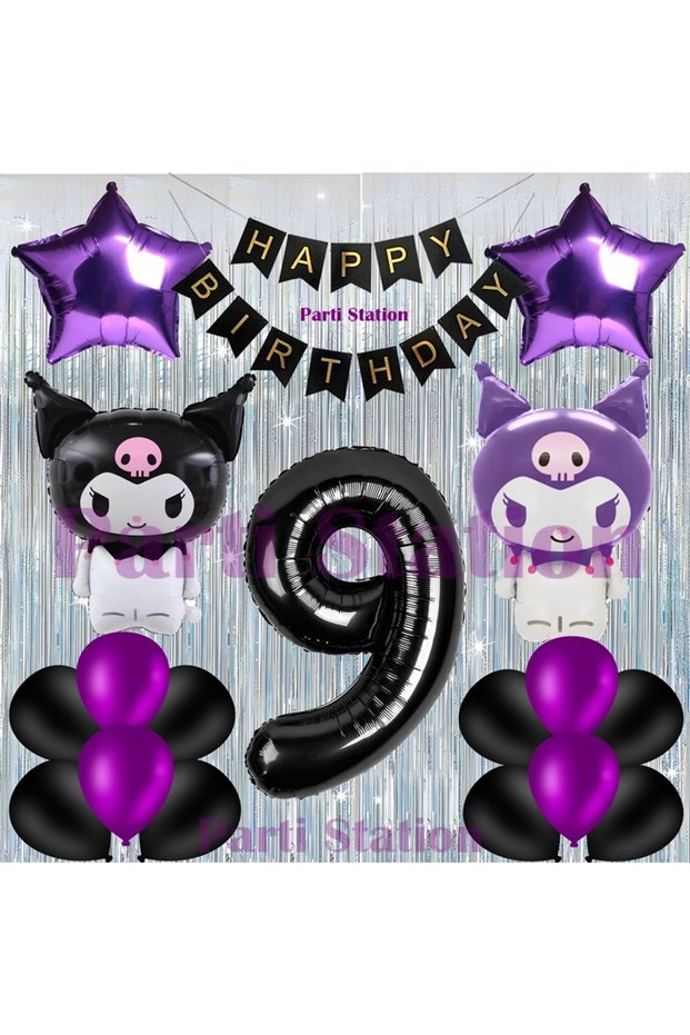 Kuromi Theme 9Th Birthday Balloon Set with Curtain and Black Number Balloons