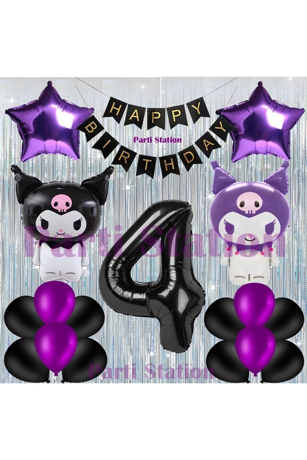 Kuromi Theme 4Th Birthday Balloon Set with Curtain and Black Number Balloons