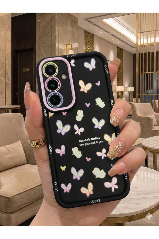 Lucky Design Case with Black Background Butterfly and Colorful Lens Frame for Samsung Galaxy A36