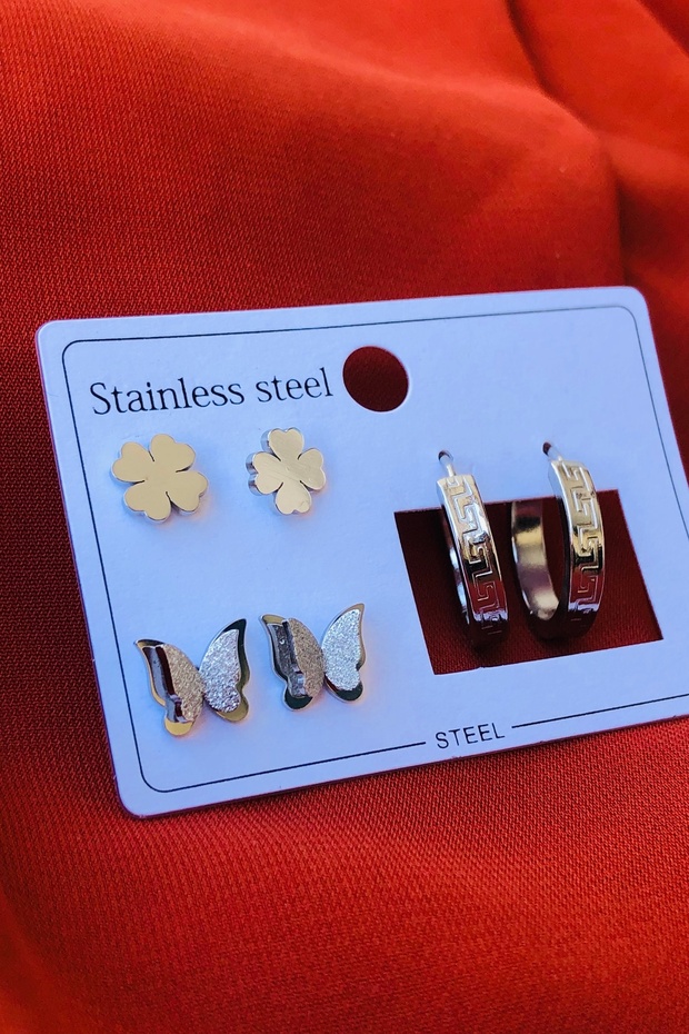 3lü Set Kadın Çelik Küpe - 1