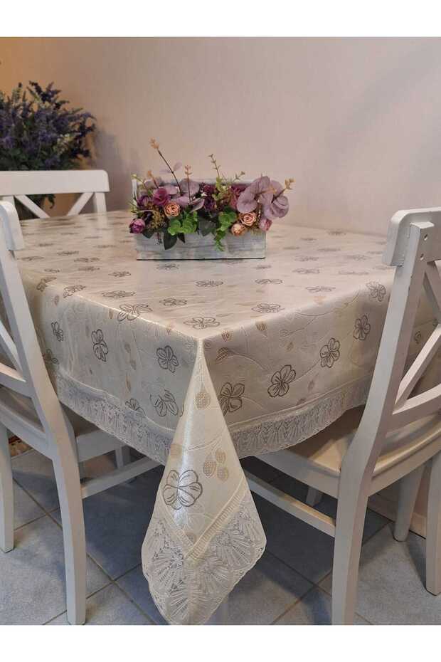 مفرش طاولة من قماش PVC مقاس 120 × 150 سم مع حواف من الدانتيل ونمط زهور قابل للمسح