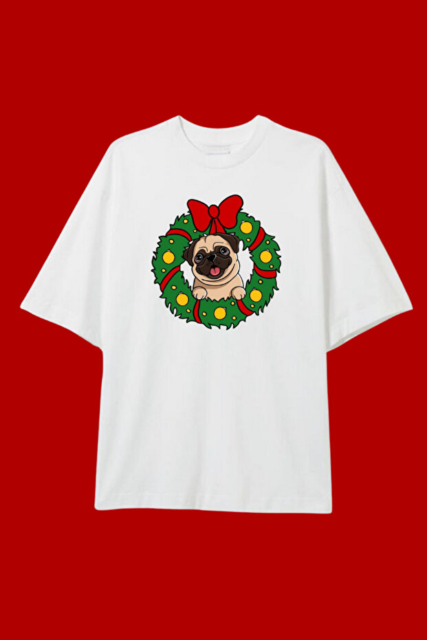 Dog New Year Printed Oversized White T-Shirt