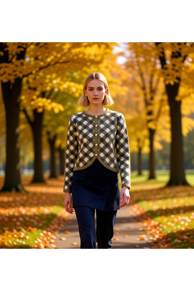 Women's Diamond Pattern Crew Neck Cropped Knit Cardigan Casual Complementing Piece Aesthetic