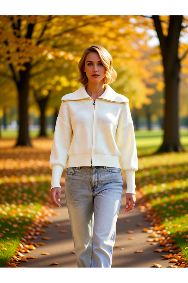 Women's Wide-Fit Turn-Down Collar Zippered Knitwear Cardigan Long-Sleeved Top Clothing Offering Comfortable and Stylish Look