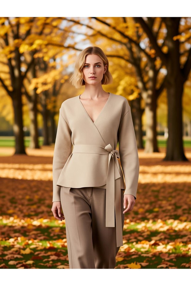 Women's Double-Breasted Tie Detail Corded Fabric Knitwear Blouse Casual and Suitable for Business Life Long Sleeve Top Clothing