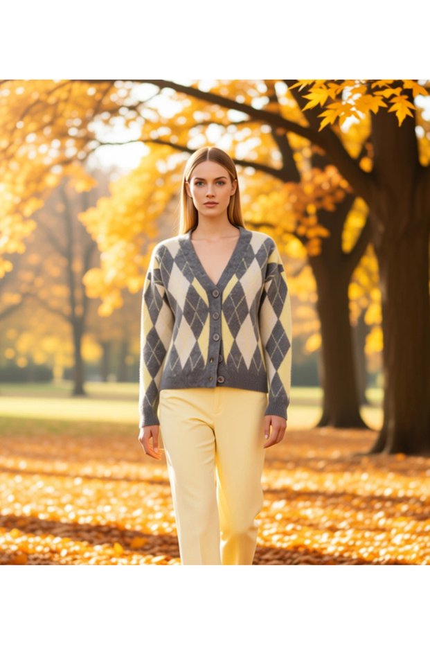 Women's V-Neck Soft Textured Argyle Pattern Knitwear Cardigan Relaxed Fit Long Sleeve Casual Chic and